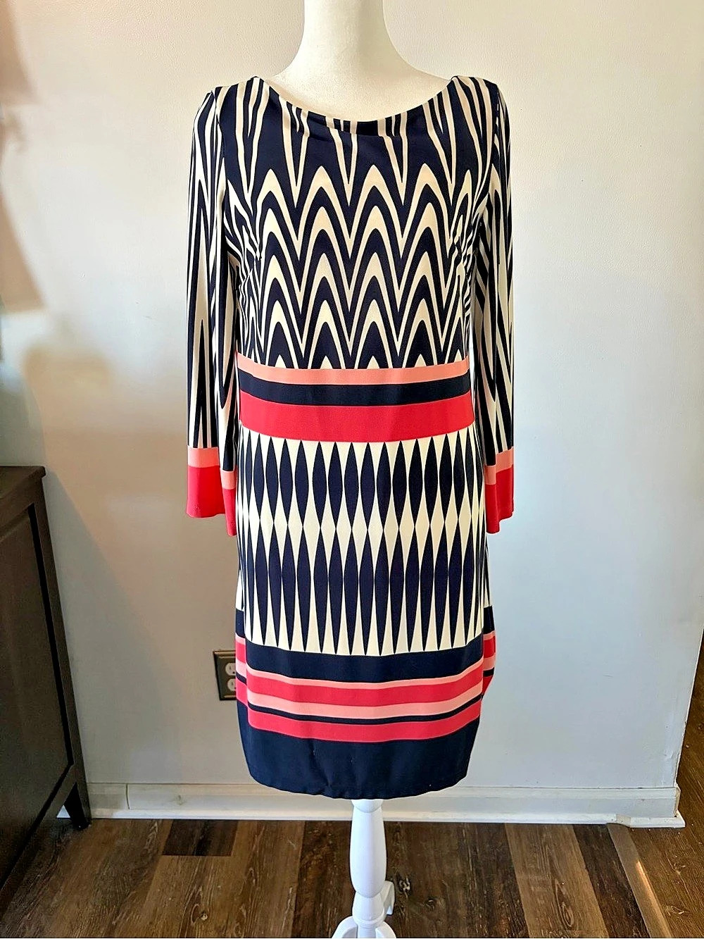 Dressbarn Geometric Dress Blue & Pink Size 10 Like New